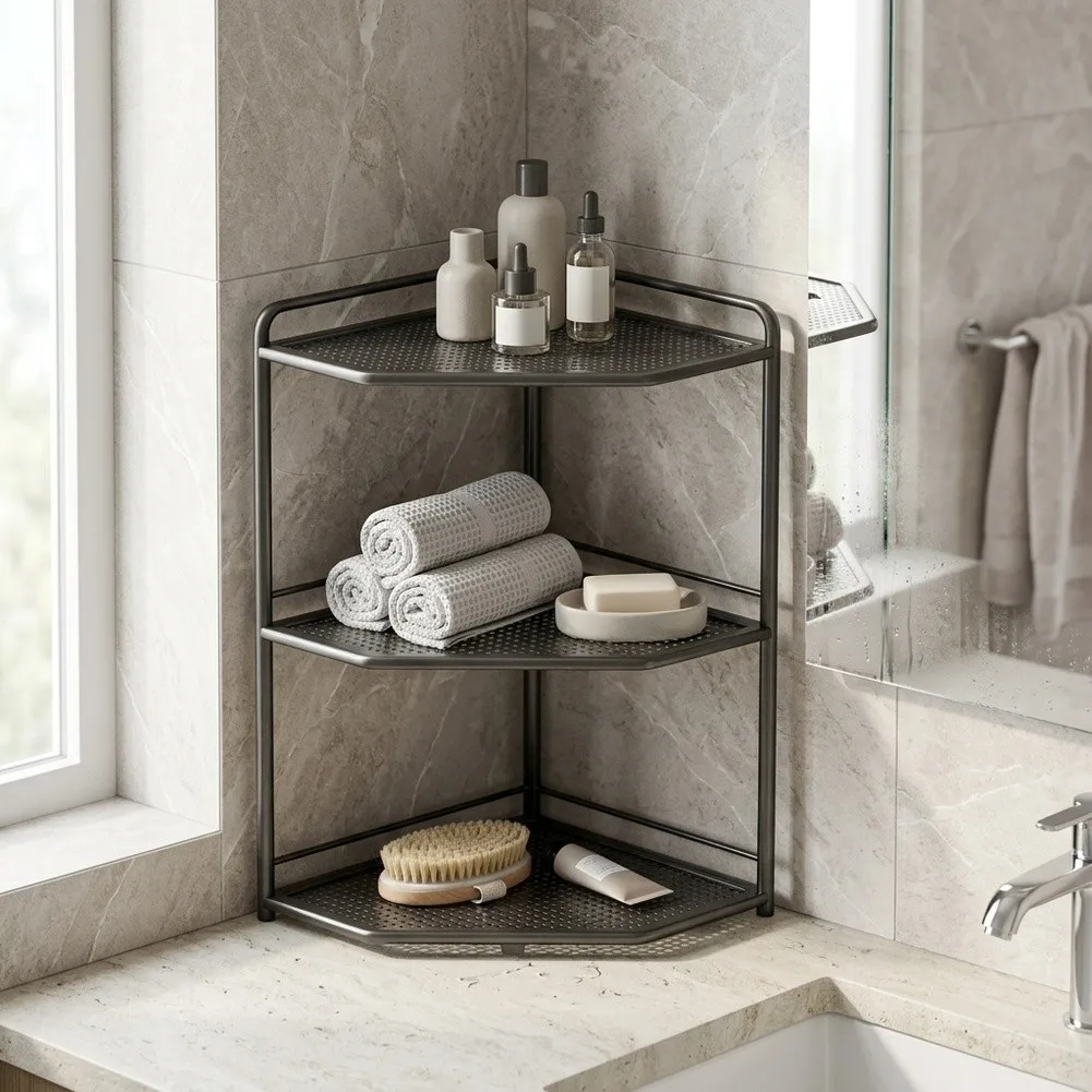 Iron 3 Level Corner Organizer Shelf for Bathroom Use Storing for Skincare Products and Beauty Essentials Together