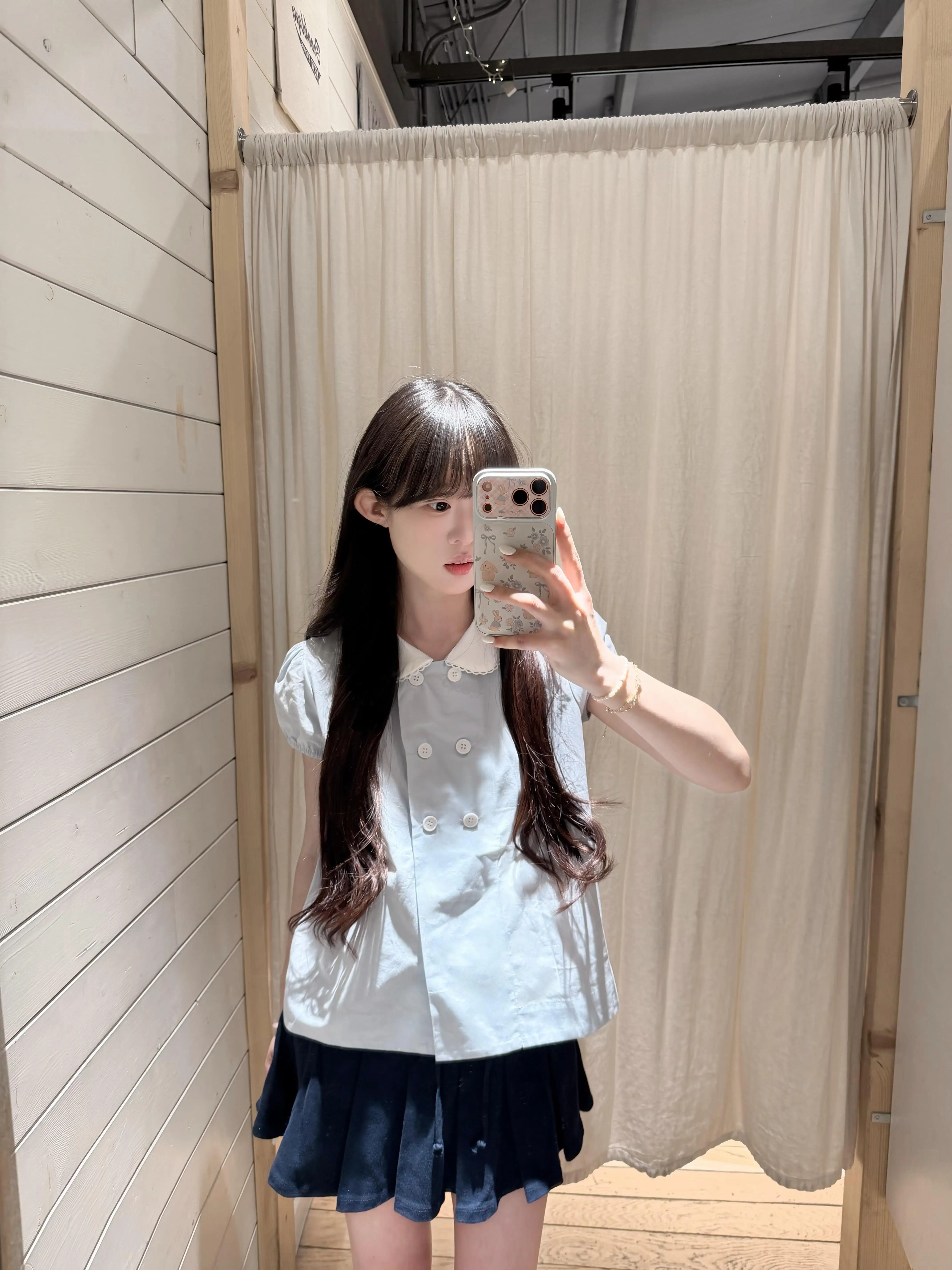 

Korean College Style Blue Doll Collar Double Button Short Sleeve Women's Shirt Slimming Top Skirt Set Summer Fashion