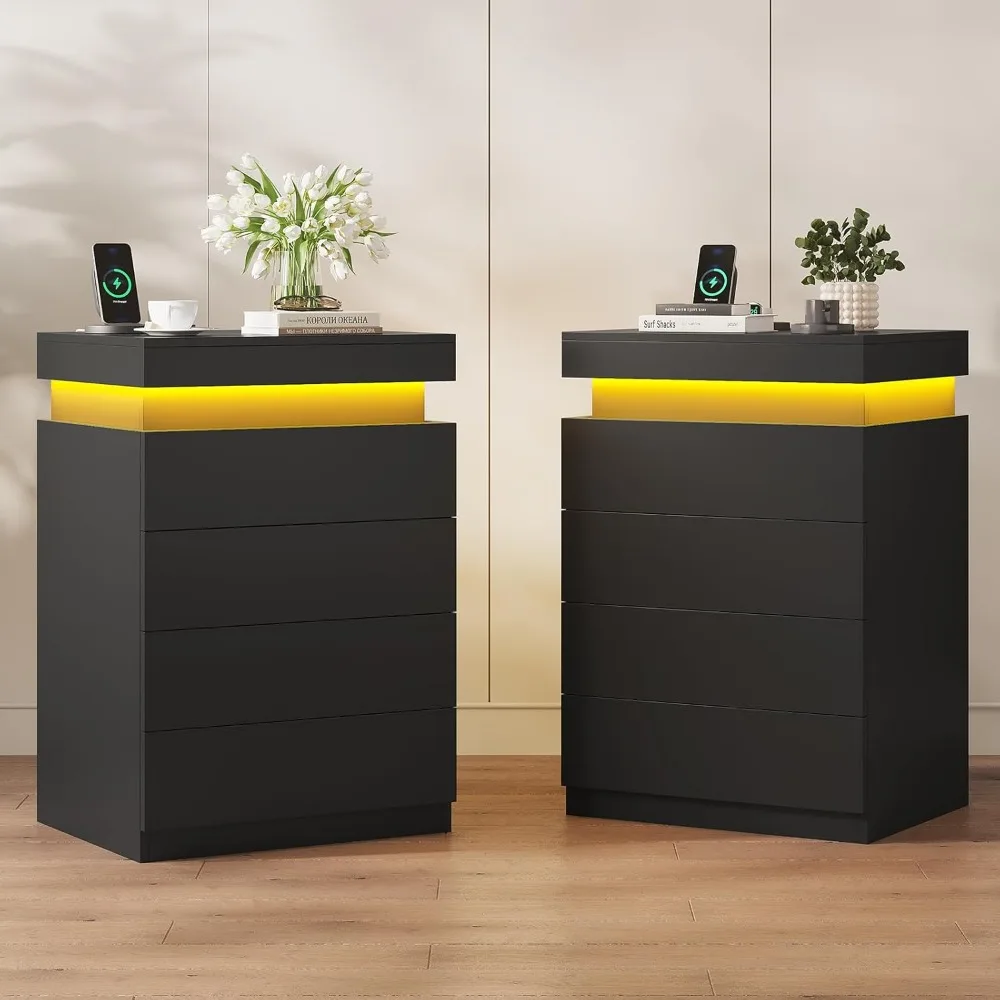

Night Stand Set of 2,Tall Nightstand with Charging Station & LED Light & Sliding Top,Bedside Table with Drawers