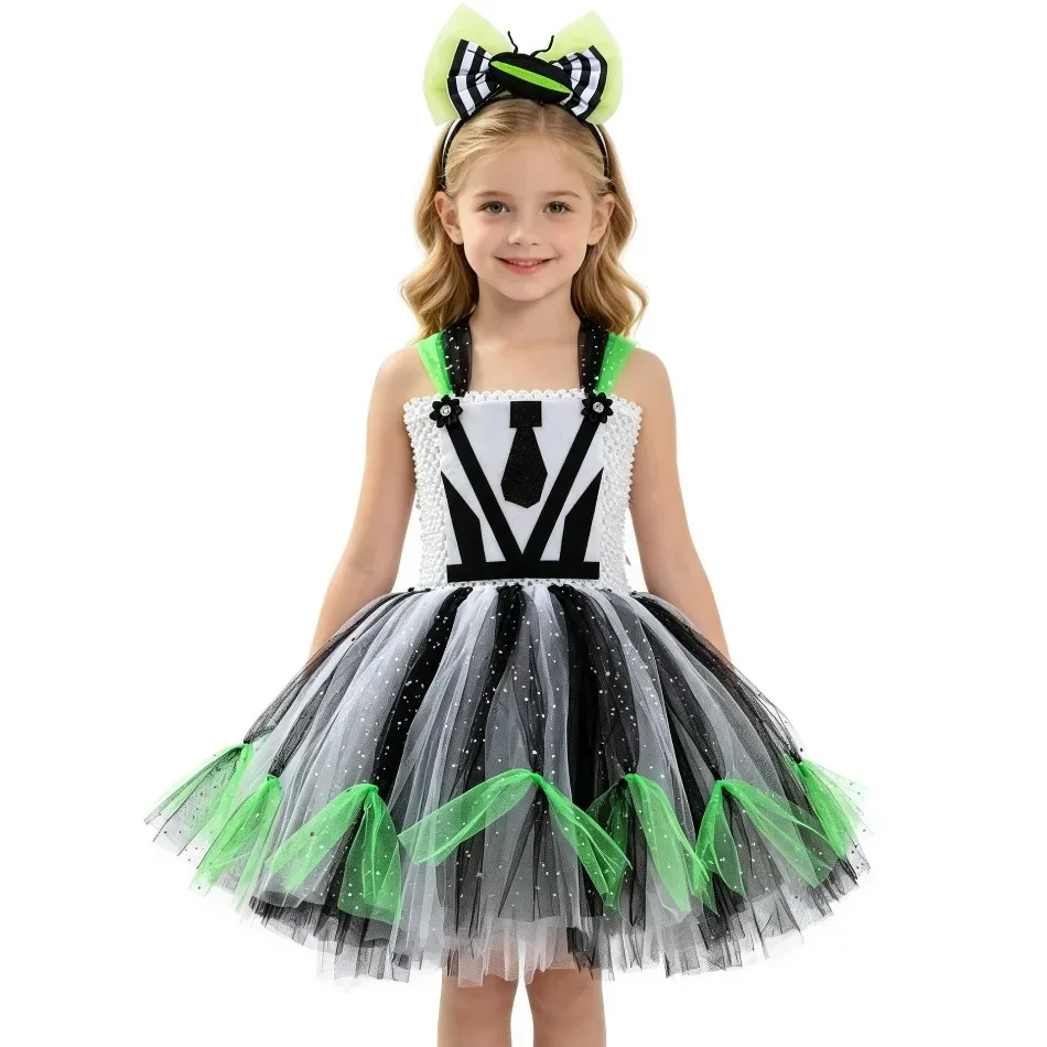Girls Beetle Green Contrast Tutu Dress Funny Cosplay Costume With Bow Headband Halloween Carnival Stage Party Fancy Dress ZZ12