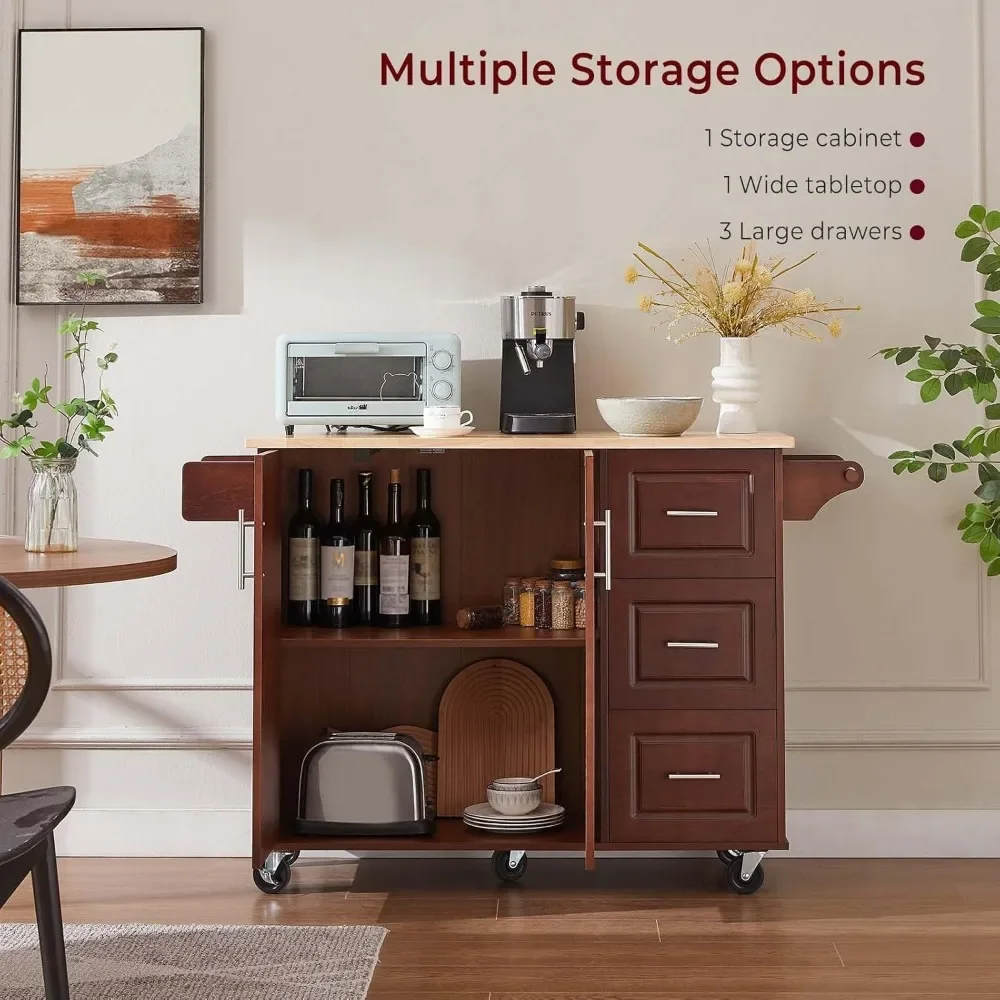 54" Rolling Kitchen Island Cart with Storage, Large Kitchen Cart ,with 3 Drawers and Spice Rack & Towel Rack, Rustic Brown