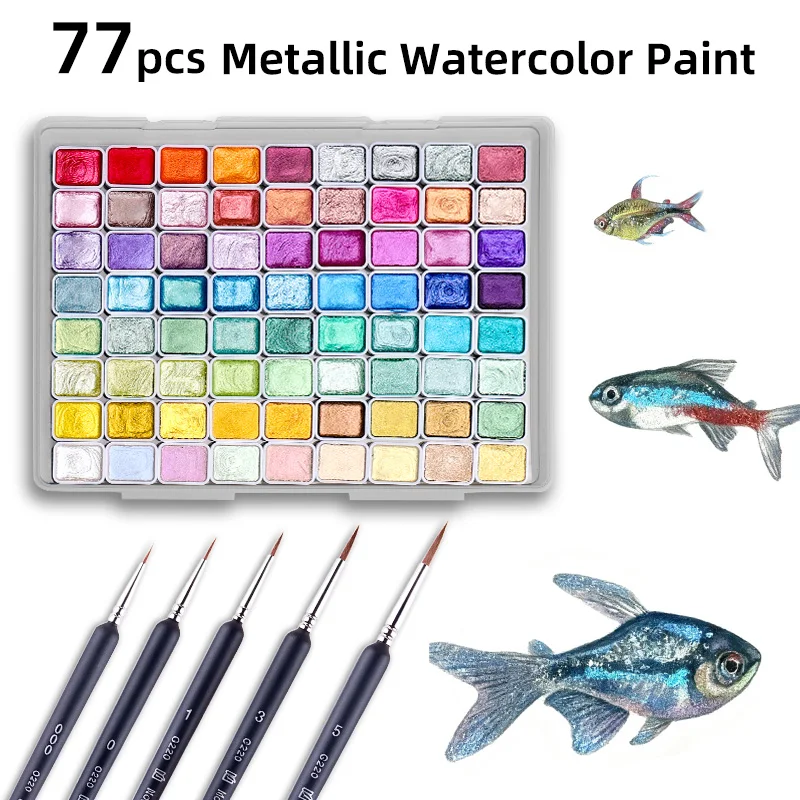 

Набор металлических акварельных красок, 77 шт., 72 цвета, с 5 кистями для детальной проработки, блестящие глиттерные твердые пигменты, золотистые, серебристые, звездчатые оттенки.