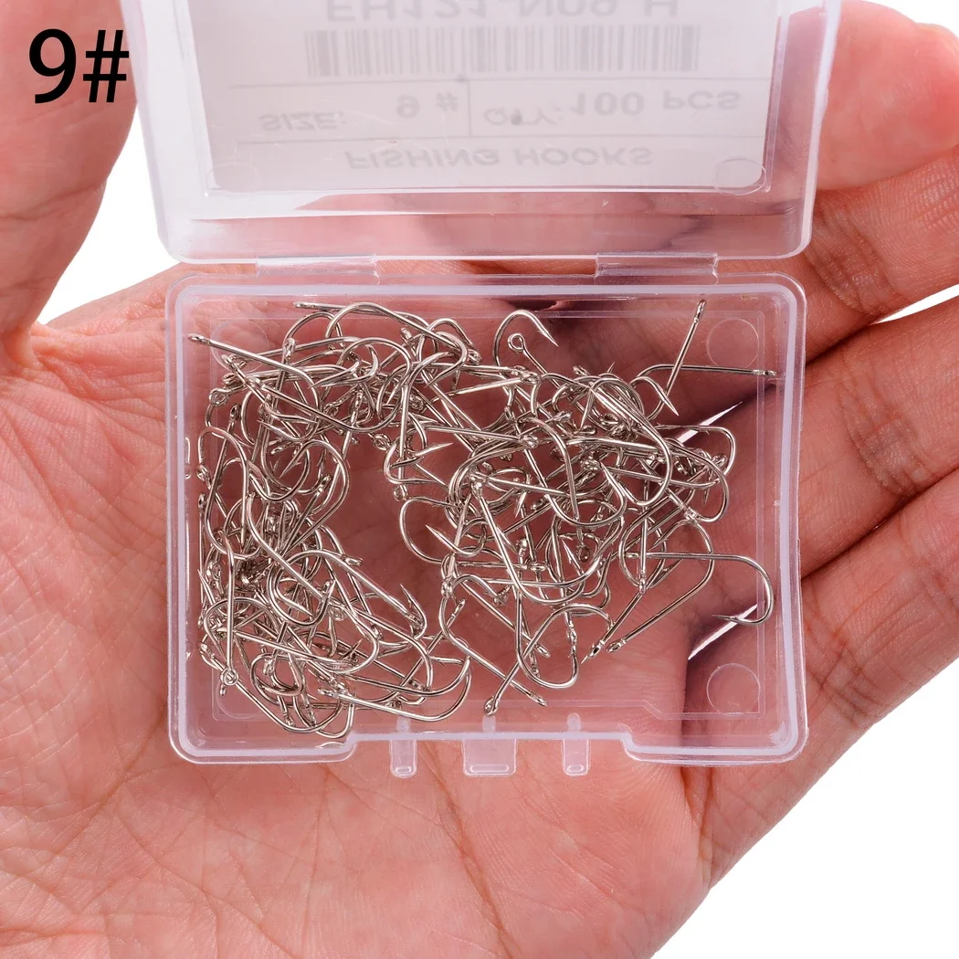 100pcs Fishing Hooks Pint Hook with Eyes Sea Hook Stainless Steel White Big Extra Long Shank Owner Fishhook Fishing Tackle Box