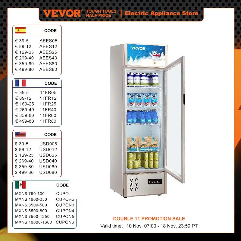 VEVOR 8/11 cu.ft Single Swing Door Fridge Upright Beverage Cooler Commercial Refrigerator Display Glass Door for Store Gym Home