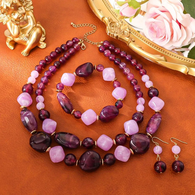 

2025 Autumn Winter Retro Double-layer Acrylic Jelly Beaded Necklace Personalized Creative Jewelry Set Mixed Gems Elastic Bracele