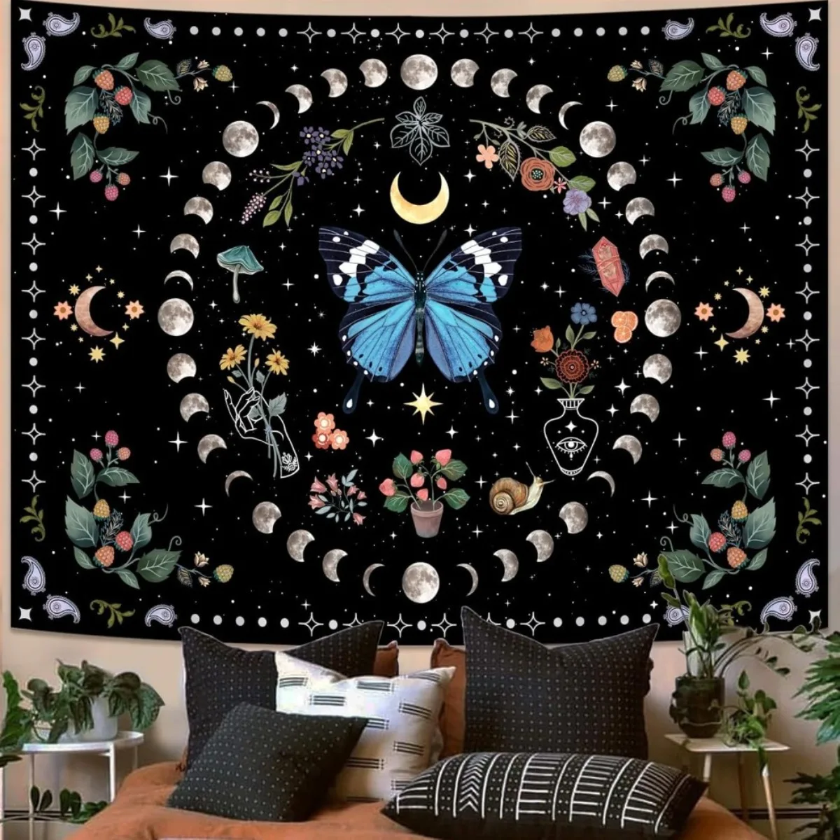 2D Plano, 1 Pieza Tapiz Boho Botánico - Colgante de Pared con Mariposa Azul y Flor de Luna, Decoración Floral Bohemia para Estét