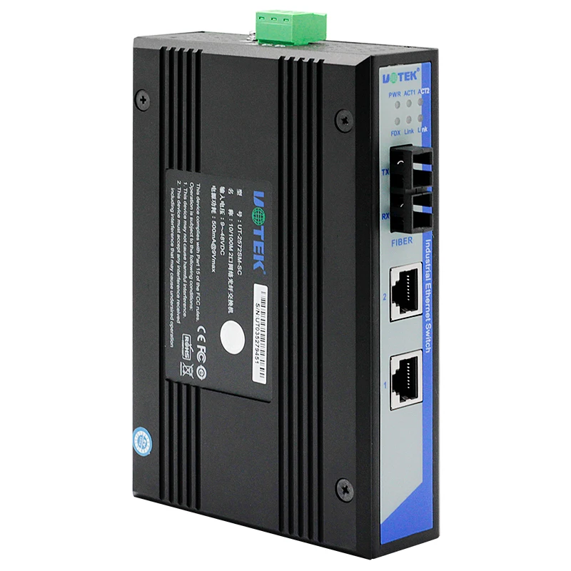 UOTEK 10/100M 2-Port RJ-45 Ports Media Converter Unmanaged Ethernet Switch DC 9-48V With Single Mode UT-2572
