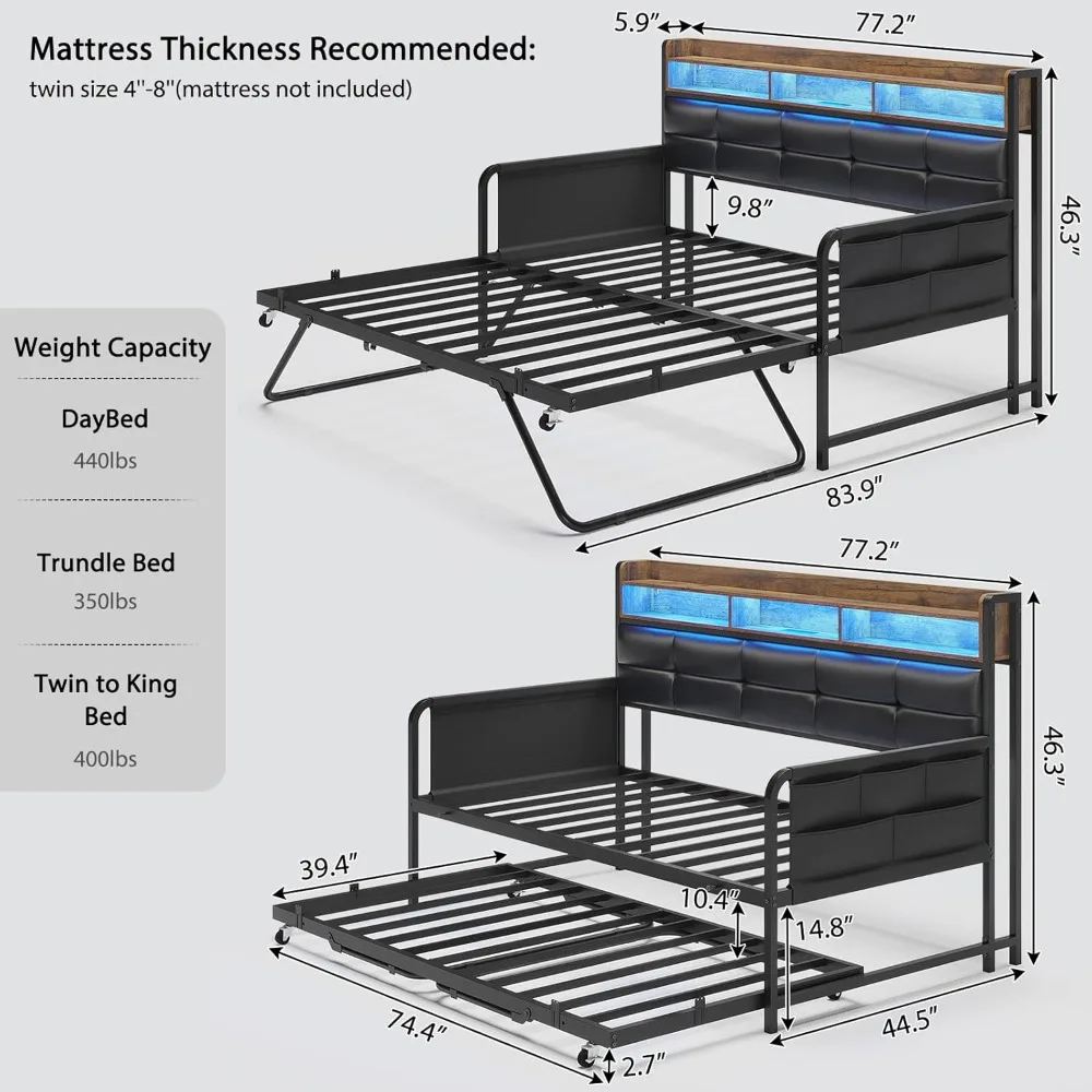 Daybed with Trundle, Twin Day Bed with Upholstered Headboard and Charging Station, Metal Day Bed Frame Twin with Storage and LED