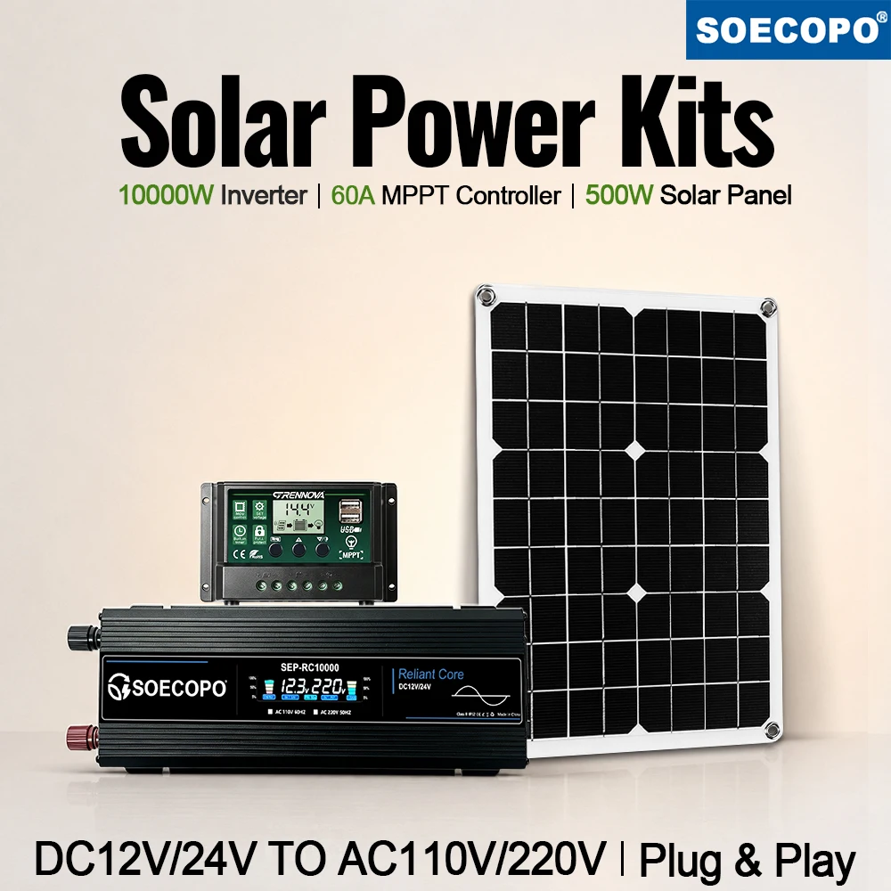 Home Backup Solar System Kit 10000W Inverter 500W Solar Panel MPPT Controller DC12V/24V AC110V/220V for RV Camping Off Grid Use