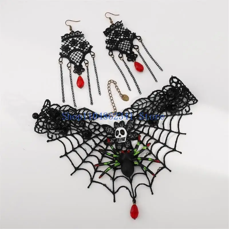 5asd 2pcs Gothic Lace Choker สร้อยคอ Rhinestones ต่างหูฮาโลวีนเครื่องแต่งกายอุปกรณ์เสริมเครื่องประดับสำหรับผู้หญิงของขวัญ