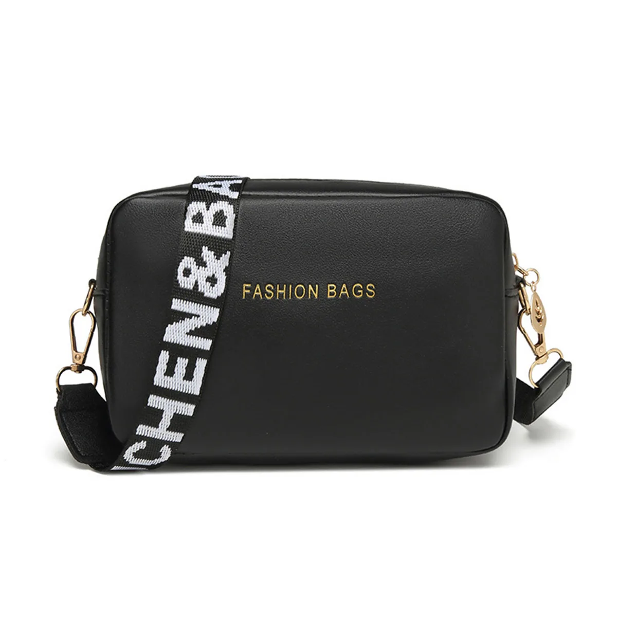 Women Black PU Leather Camera Crossbody Bag, Fashion Letter Wide Strap Shoulder Purse for Daily Casual Travel Use view 2
