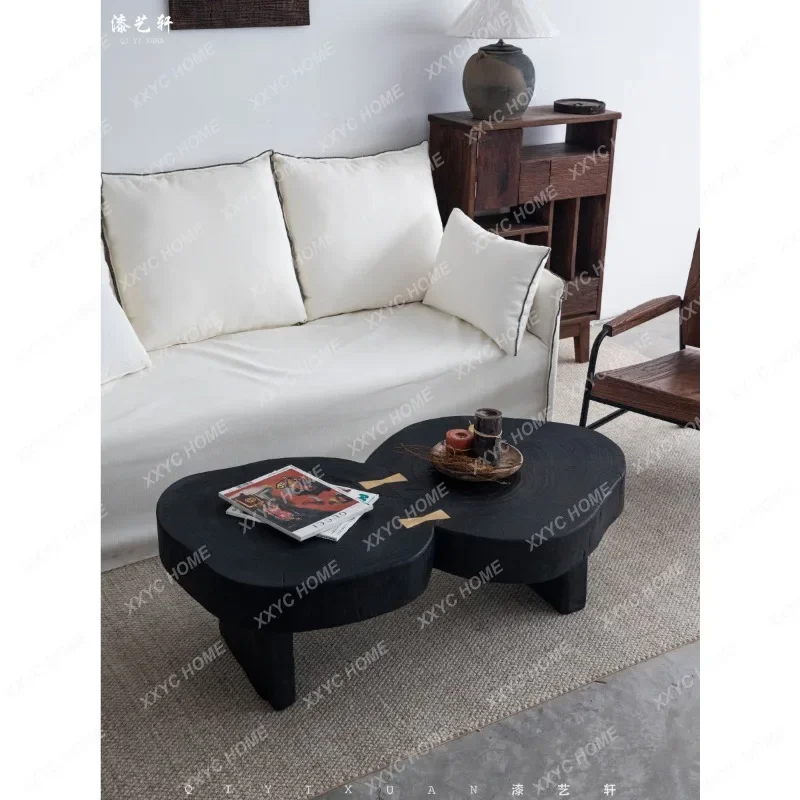 Wabi-sabi style black carbonized coffee table tatami solid wood round tea table