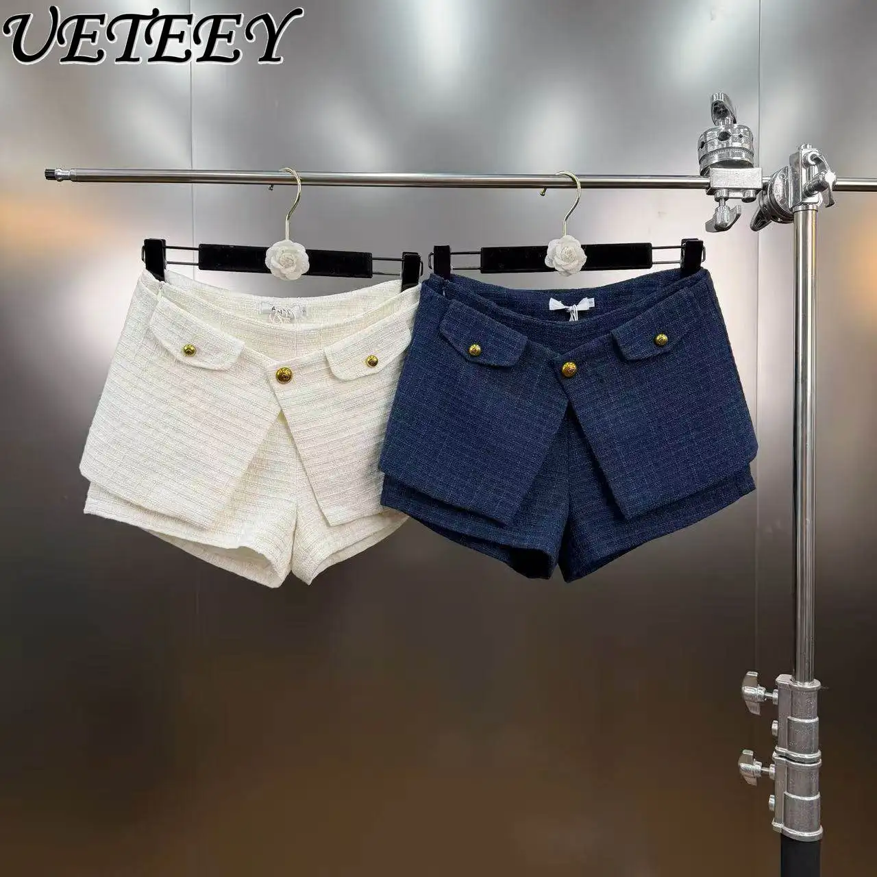 

Шорты женские повседневные с эффектом накладных карманов, пэчворк, весна 2026, элегантные, с завышенной талией, утягивающие, с металлической пряжкой