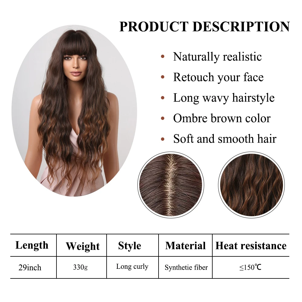 EASIHAIR Synthetic Wigs Long Brown Curly Wave Wigs with Bangs for Women Chocolate Brown  Daily Cosplay Hair Wigs Heat Resistant