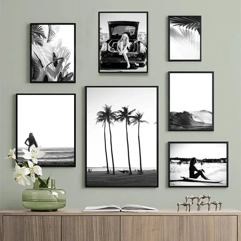 (No frame)1pcsBlack and White Wall Art Seascape Canvas Print Poster Beach Girl Surfboard Painting Landscape Tropical Palm Pic