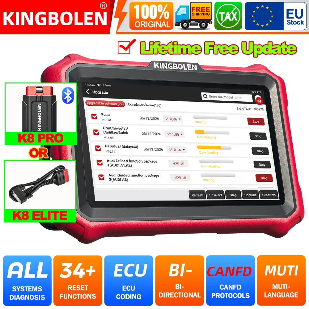 KINGBOLEN K8 PRO / K8 Elite Vollsystem-Bidirektionales Scan-Tool, 8-Zoll-OBD2-Scanner, Auto-Scanner, lebenslange kostenlose Updates, 34+ Reset-Funktionen, aktive Tests, ECU-Funktion, FCA AutoAuth,