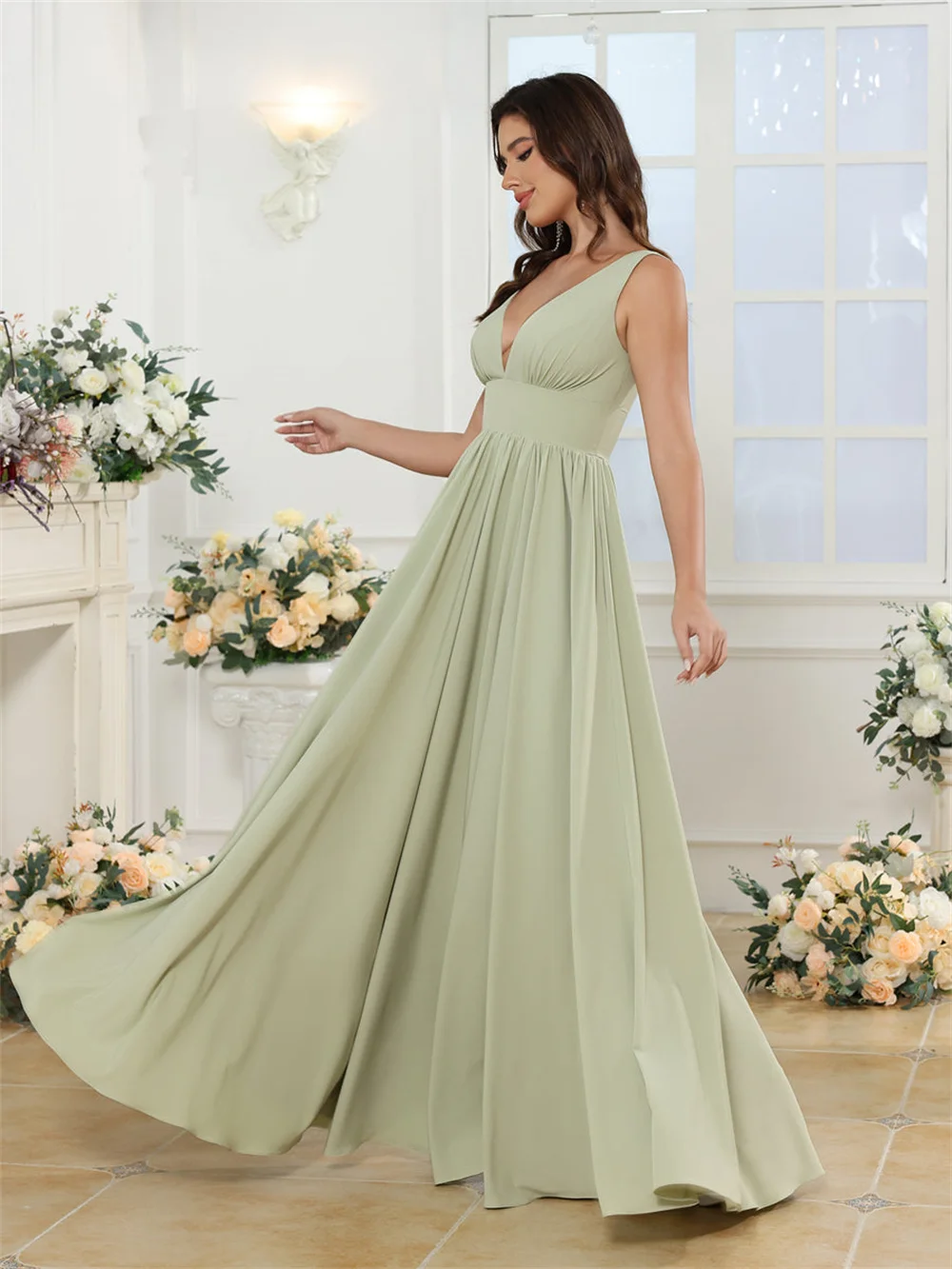 Chiffon Off the Shoulder V-neck Bridesmaid Dresses for Wedding Pleated Corset Sleeveless Evening Gowns A-line Long Prom Dress