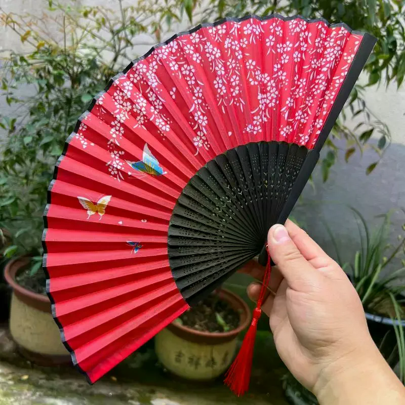 Collectible Chinese Folding Silk Fan Willow Pattern Bamboo Ribs Tassel for Cosplay Enthusiasts Cooling Collection