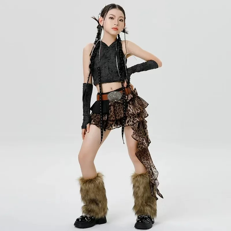 Hot Hip Hop Dance Costumes for Girls Ballroom Streetwear Kids Hooded Loose Tops Leopard Print Skirt Trendy Jazz Y2K Stage Skirts