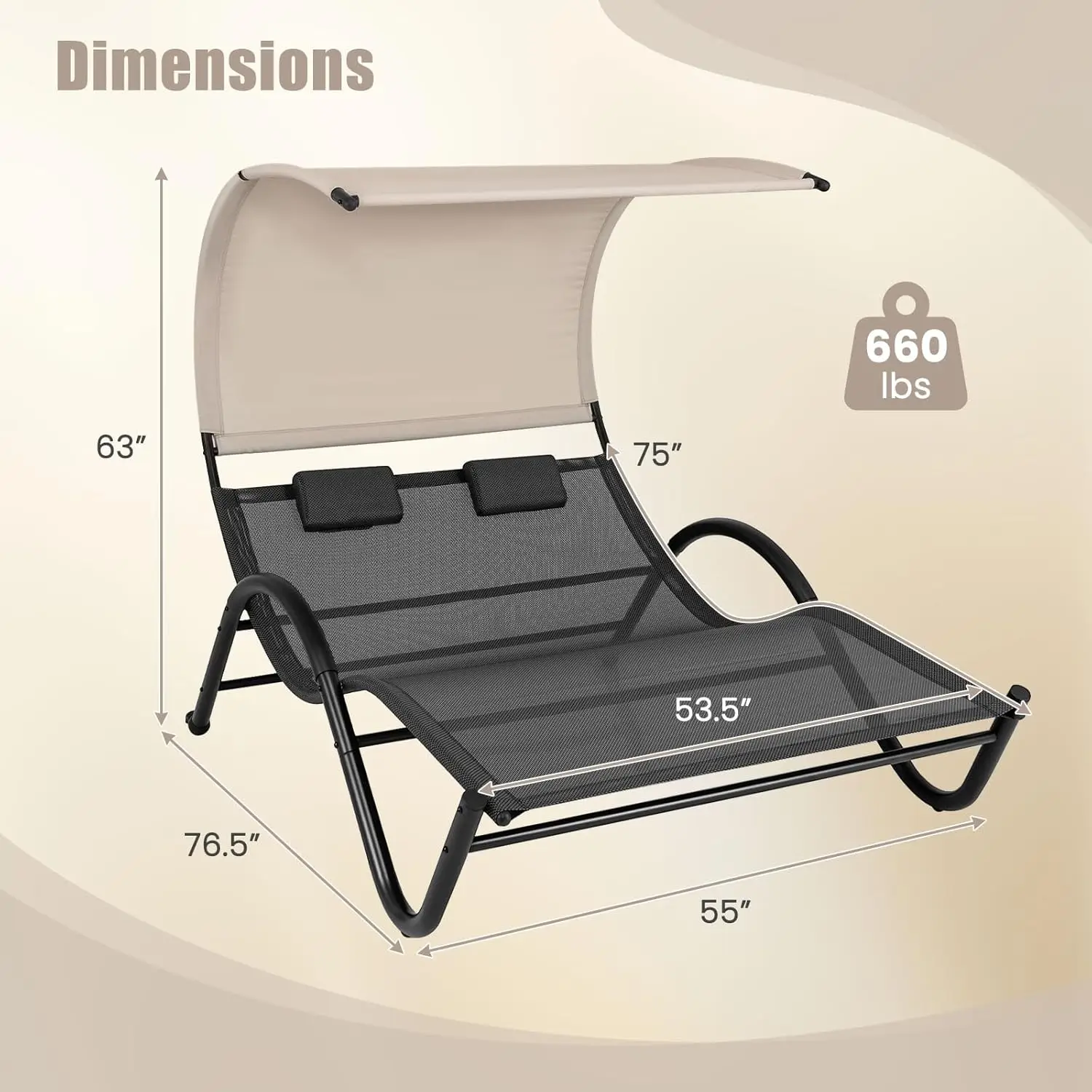 2 Person Lounge Chair with Canopy, Outdoor Chaise Lounge with 2 Detachable Pillows, UPF50+ Extra Large Double Patio Ham