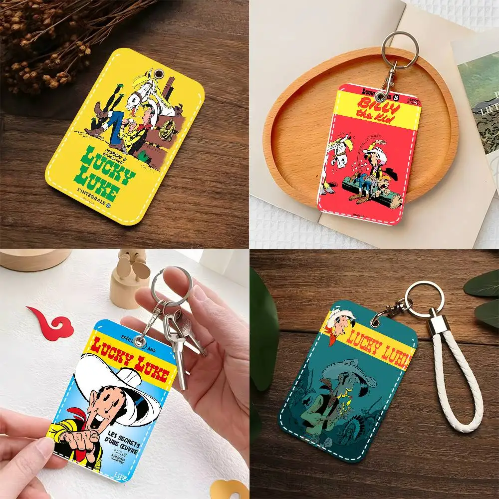 1pc Vintage Comic Lucky L-Luke Card Case Keychain Access Card Bag Key Tag Ring Leather Card Holder Key Ring Access