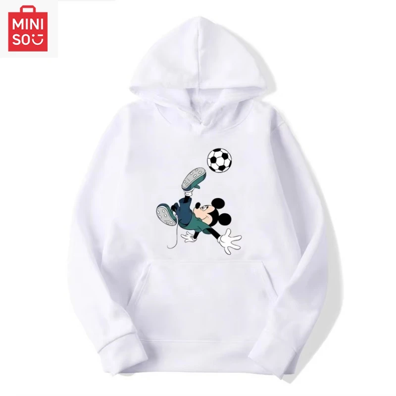

MINISO Hoodie for Women: Trendy Couple Street Style Pullover Disney Men's Autumn Style Mickey Mouse Playing Football Casual Spor