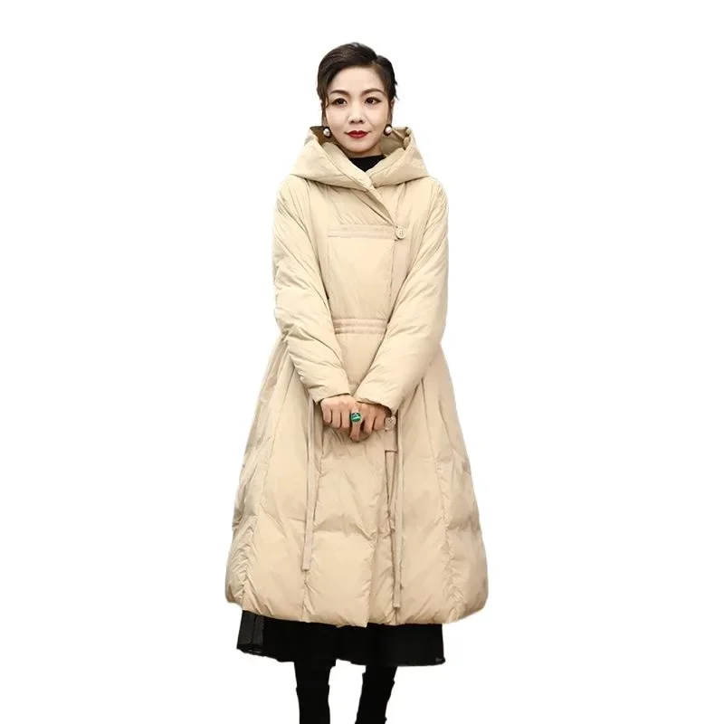 ฤดูหนาวใหม่สี Feminity หนาเข่ายาวหลวมแฟชั่นทั้งหมด Hooded Down JACKET ระเบิด Coats