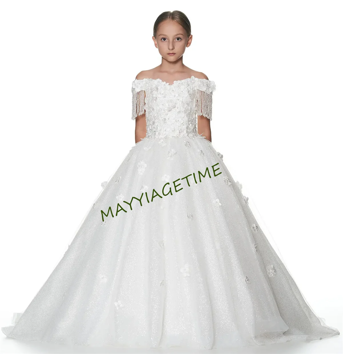 

Glitter Flower Girl Dresses Baptism Communion Party Gown Floral Off Shoulder Lace Blouse with Crystals Tassel Wedding