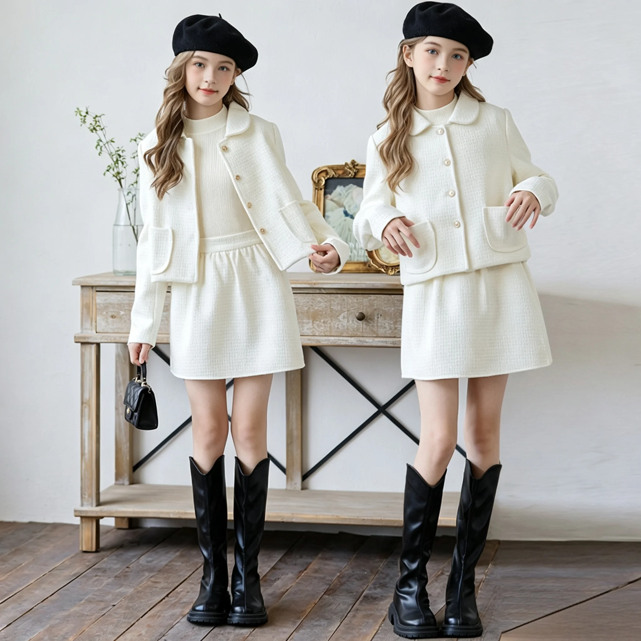 Autumn Winter Little Girls French Luxury Tweed Co-ord Set Lapel Button Short Coat A-Line Skirt 2Pcs Kids Elegant Party Casual Ou