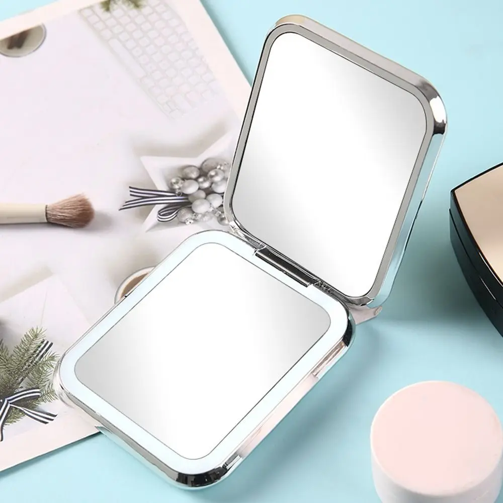 휴대용 양면 LED 메이크업 거울 도금 조광 가능 포켓 거울 조명 포함 핸드헬드 INS 접이식 메이크업 거울 여성/남성용