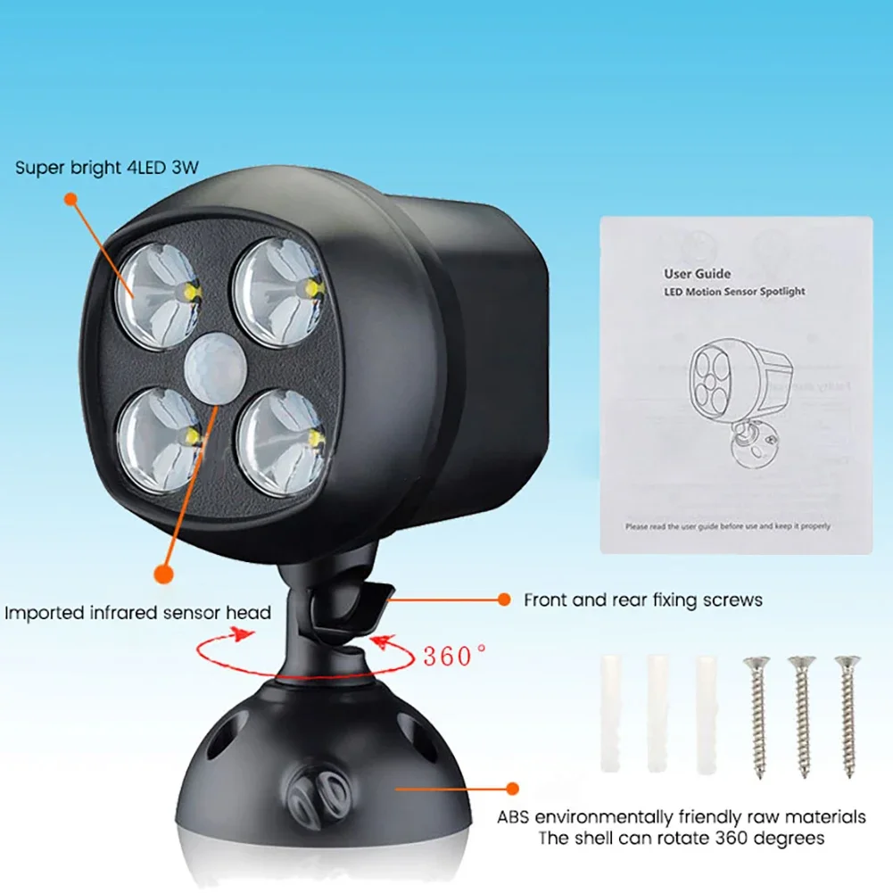 Led Spotlights Wall Lamp Outdoor Motion Lighting 600lm 180° Rotatable Base 360° Rotatable Head Battery Powered For Yard Garage