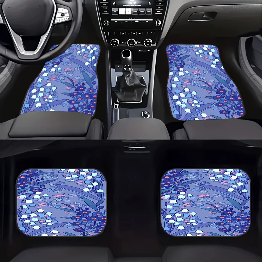 4pcs[2D Flat], Bluebell And Forget-Me-Not Pattern Car Mats Set, Universal Anti-Slip Protective Front & Rear Floor Mats With Roma