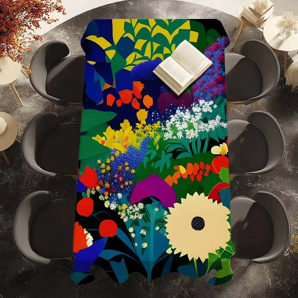 Black Floral Graffiti Table Cloth Waterproof Stain-Proof Polyester Table Cover for Decoration Dining Kitchen Party Tablecloth