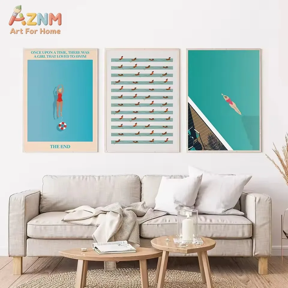 AZNM Minimalist Swimming Sport Canvas Wall Art Vintage Swimmer Diver Pool Geometric Figure Typography Print Unframed Canvas Pain