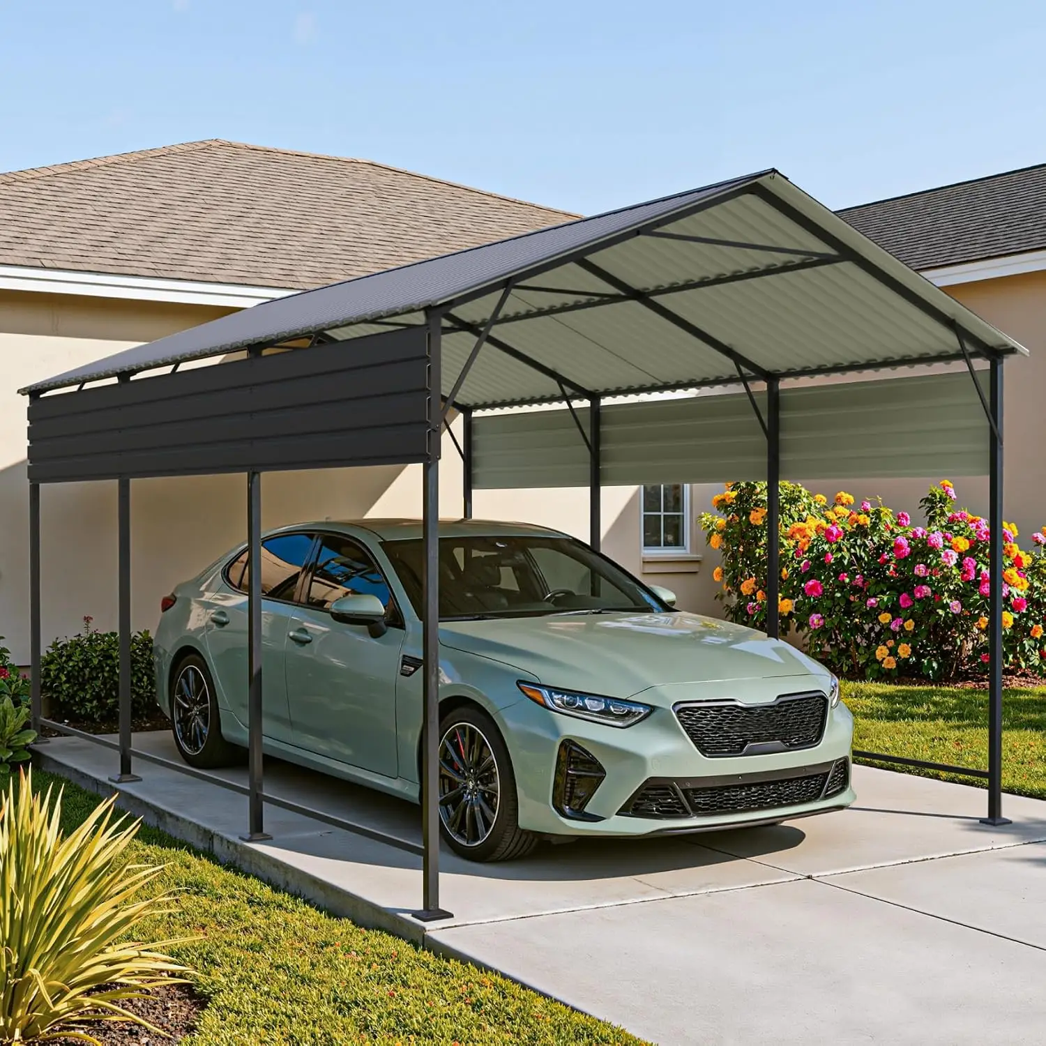 10 x 15 FT Metal Carport Heavy Duty Galvanized Steel Car Canopy With Reinforced Frame Outdoor Shelter For Cars Trucks Boats Tractors Black