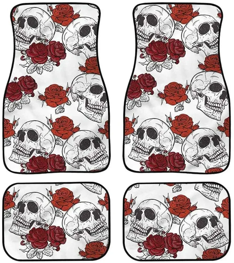 Retro Gothic Dead Head Skeleton with Roses Universal Fit Car Floor Mats Carpet 4pc Set Heavy Duty Rubber Backing Floor Ma