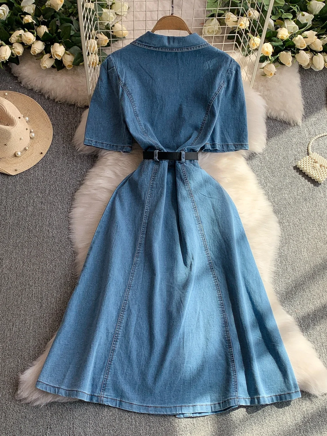 Retro Hong Kong Sle Blue Denim Dr Damen Sommer Metall Bule Schlankheitsgürtel Hohe Taille A-Linie Midi Dr Koreanische Sle