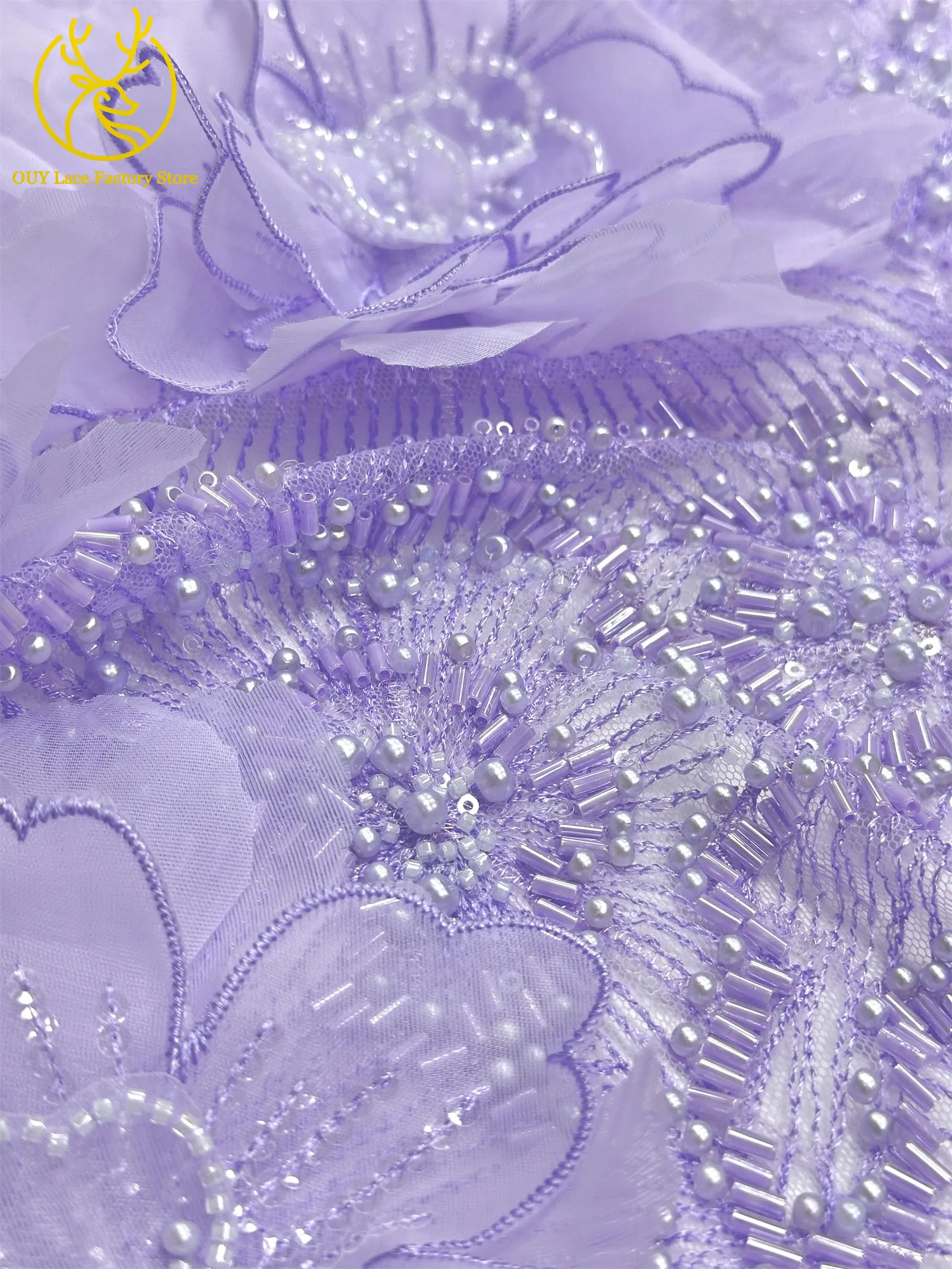 Hochwertige Exquisite 3D-Stickerei Blumen-Tüllspitze Hochwertige Afrikanische Perlen-Pailletten-Spitze Französischer Tüll Hochzeitskleid-Stoff – Detail 9