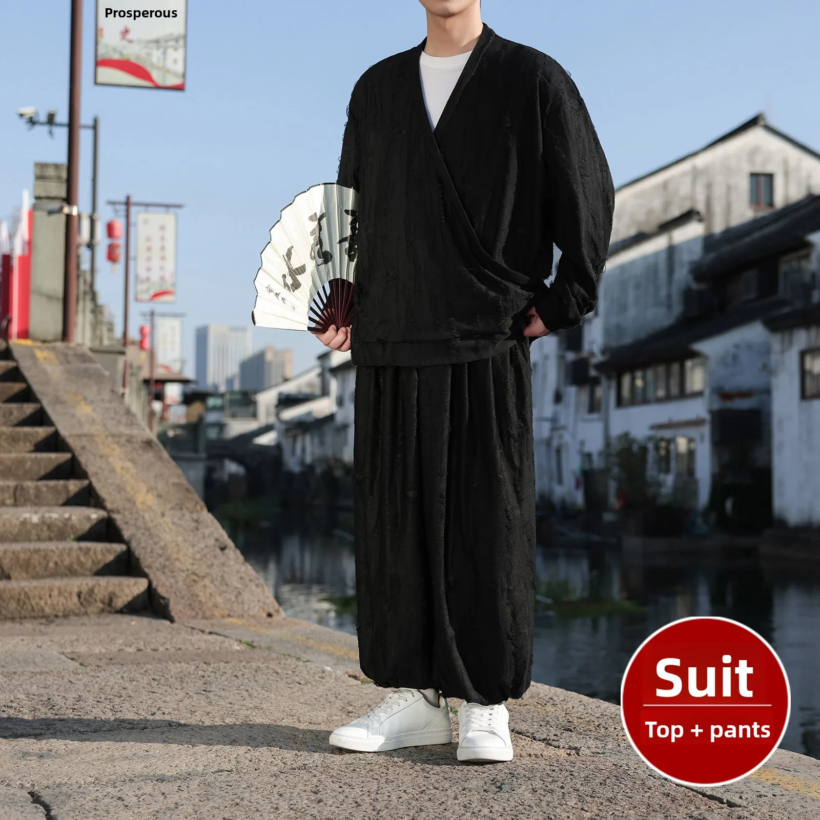 ice-silk-long-sleeve-t-shirt-men's-monastic-wear-set-v-neck-zen-hanfu-two-piece-set-casual-wear-polyester-fiber-spring-season