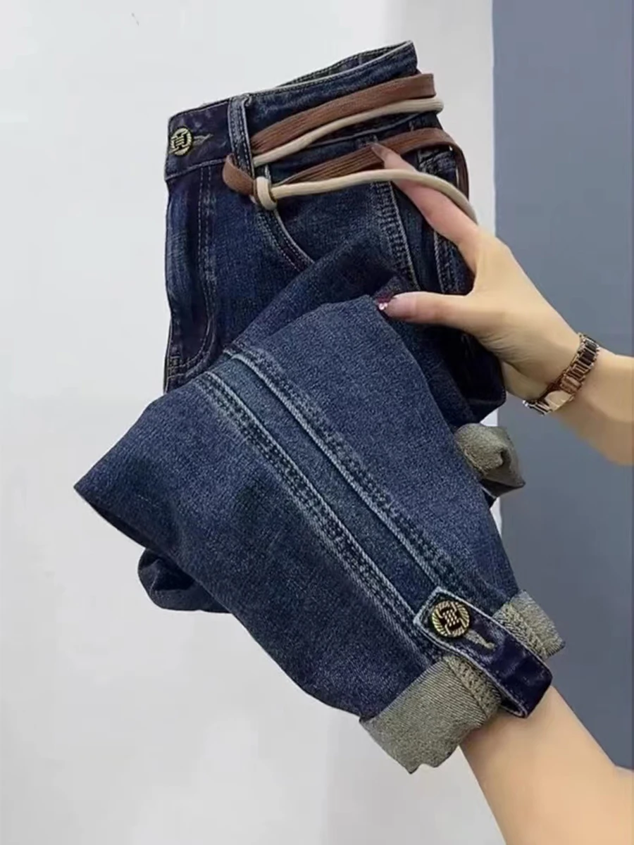 Hochgeschnittene Elastische Harlan-Jeans für Damen Frühling Herbst Übergröße Figurformend Neun-Punkt Gerade Beinlinie Dad Pants