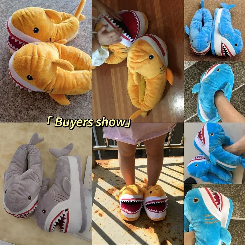 Funny shark pattern fuzzy home shoes 44 45 unisex fish shaped slippers women\'s winter warm funny 3D animal shoes house slippers