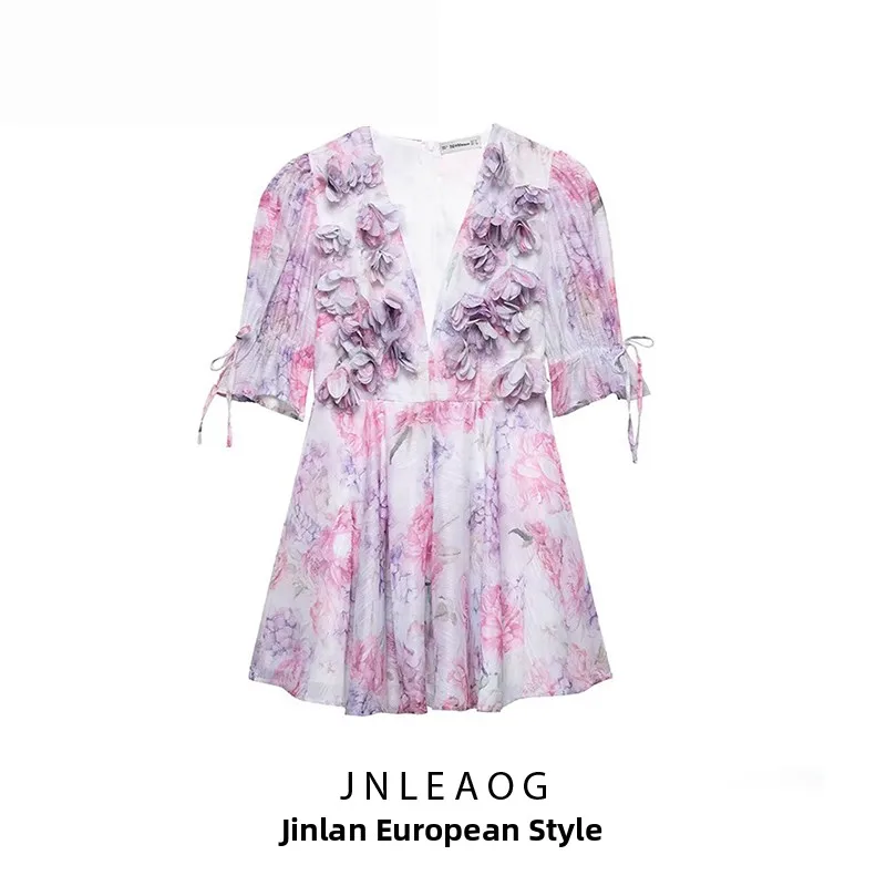 JNLEAOG Autumn New Faionable Floral Print Chiffon Women's Dr Ele Waist-Cinched ort Sve V-Ne Casual Sle