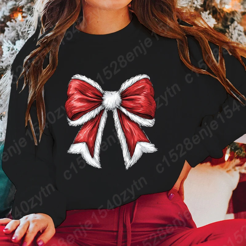 Christmas Bow Print Pullovers For Women Round neck Pullover Fashion Graphic Pure Color Hoodless Tops Casual Hoodless Sweatshirts