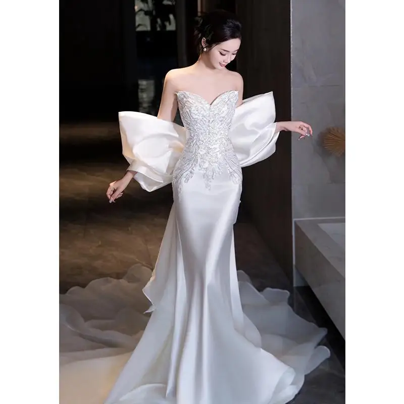 Exquisite Embroidery Mermaid Wedding Dresses Luxury Lustrous Satin Strapless Bridal Dress White Wedding Jumpsuit