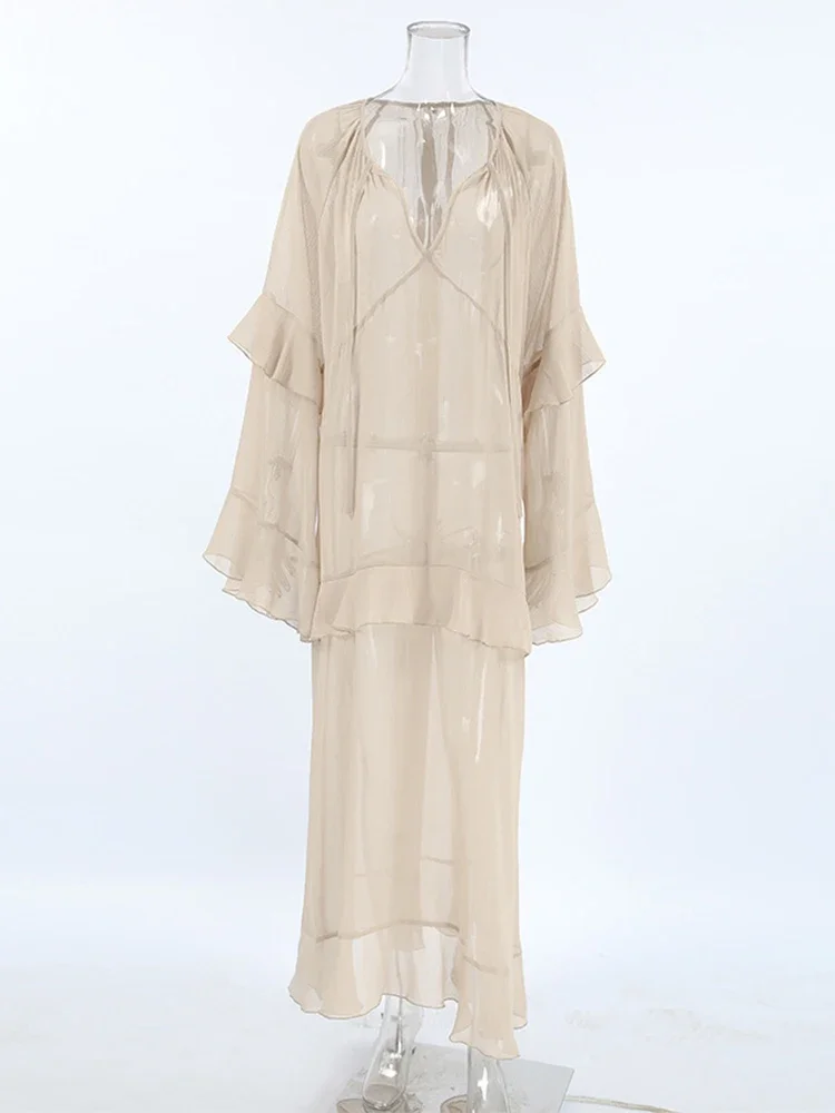Trendix Fashion Oversized Cover Up Dress Women 2025 V Neck Loose Streetwear Casual Long Sleeve Maxi Dress Femme Ruffle Dresses - Image 6
