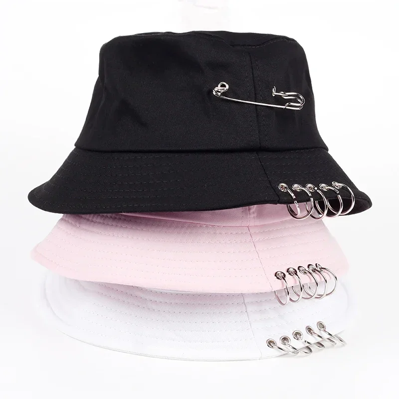 Fashion Solid Color Iron Pin Rings Personality Bucket Hat Cap for Unisex Women Men Cotton Fishermen Caps Cool and trendy hats