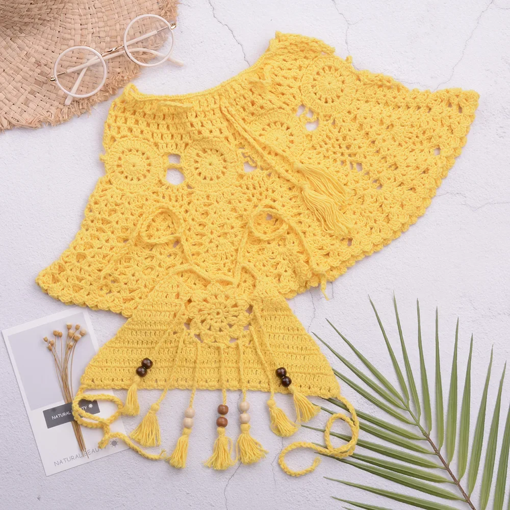 DIY Girls' Middle School Children's Handmade Crochet Beaded Bikini Two Piece Split Beach Swimwear Short Skirt