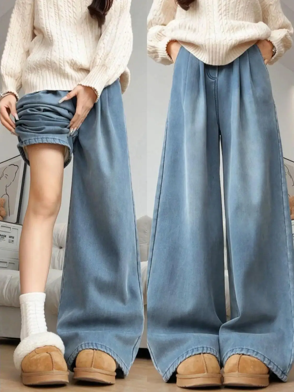 

Джинсы женские Fce с широкими штанинами, осенне-зимние, больших размеров, облегающие, свободного кроя, прямого кроя, теплые, повседневные, драпированные, из денима