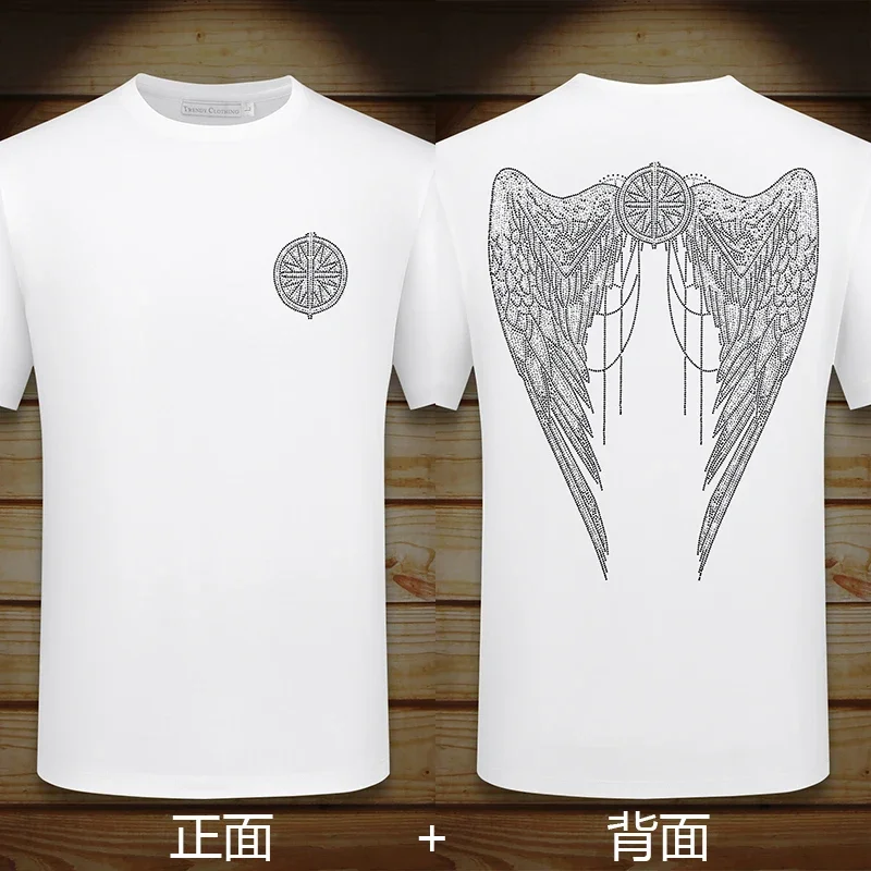 Casual Short Sleeve T Shirts Men Summer Clothes Wings Pattern Rhinestones Fashion Streetwear O Neck Mercerized Cotton T-shirts