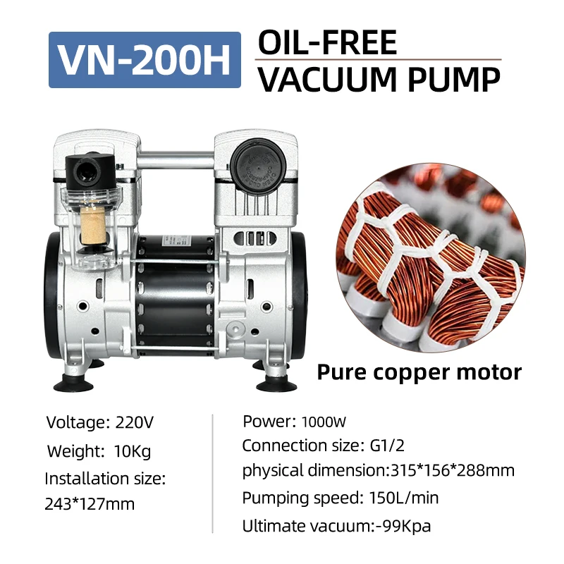 Portable Electric Oil-Free Piston Vacuum Pump 220V 1.1KW -99KPa 150L/min AC Air Compressor Pump Head OEM Customizable for